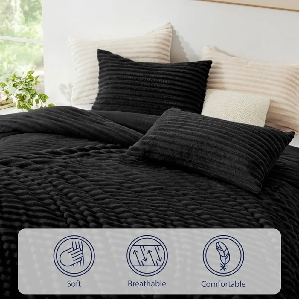 NWOT EXQ Home Fluffy Black Comforter & Pillowcase Set Twin Faux Fur Stripe